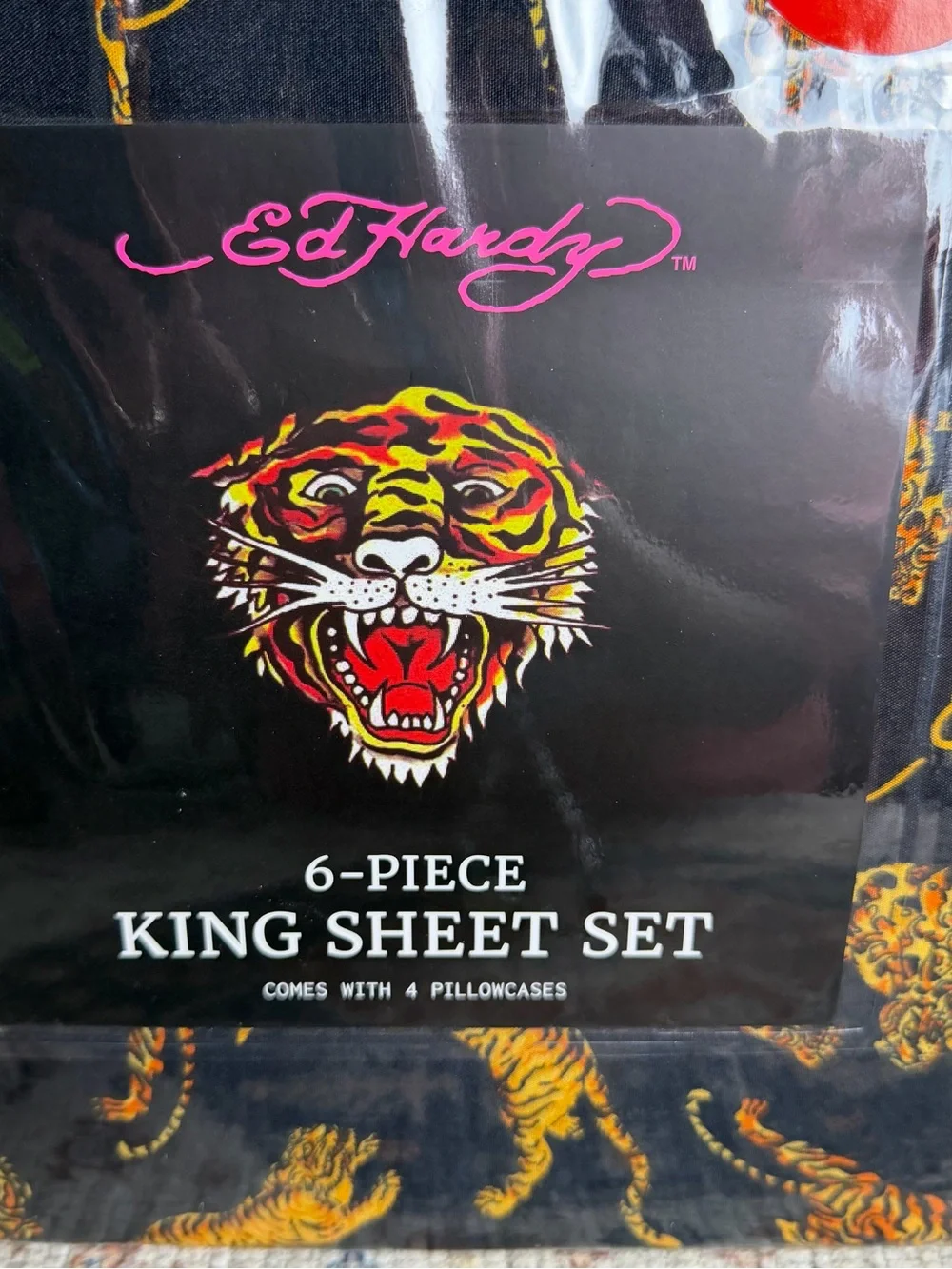Ed Hardy Black Sheet Set with Gold and Orange Tiger Motif
